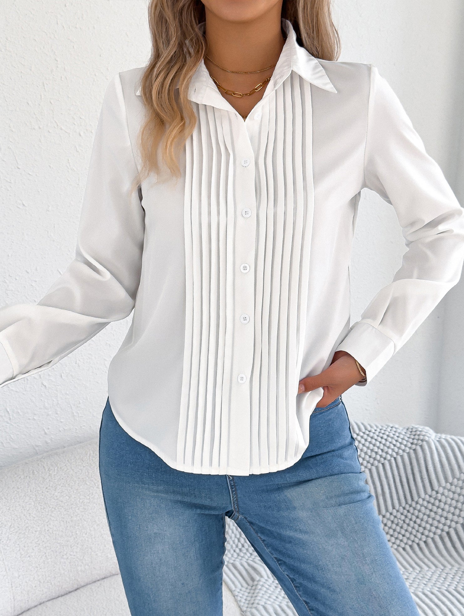 Solid Pleated Button Long Sleeve Blouse_CWTBLL02379