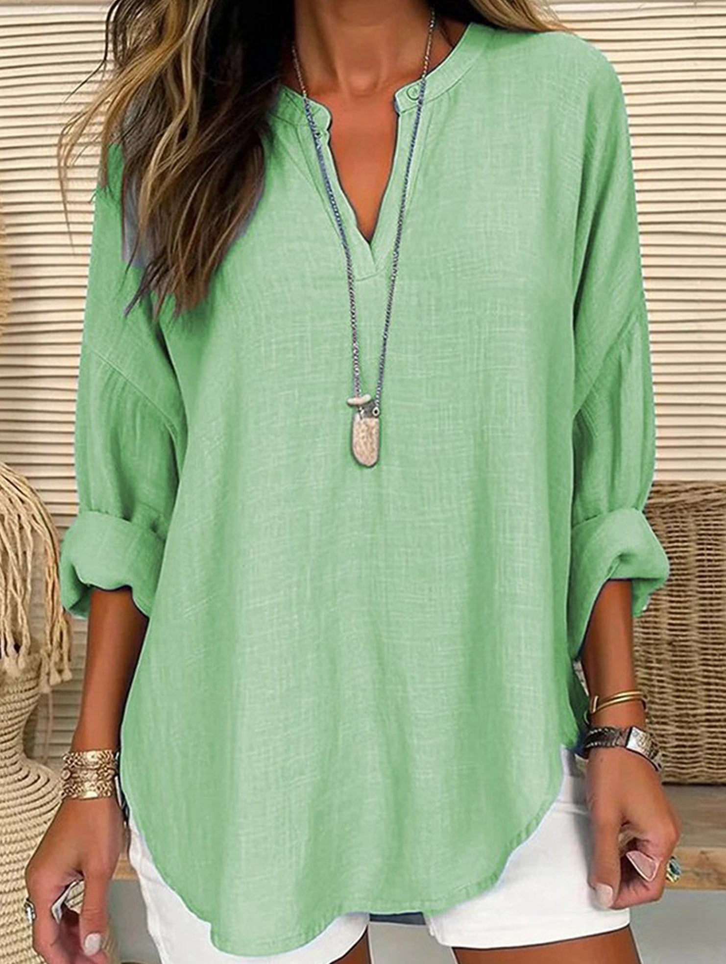 V-neck cotton and linen plus size pullover shirt