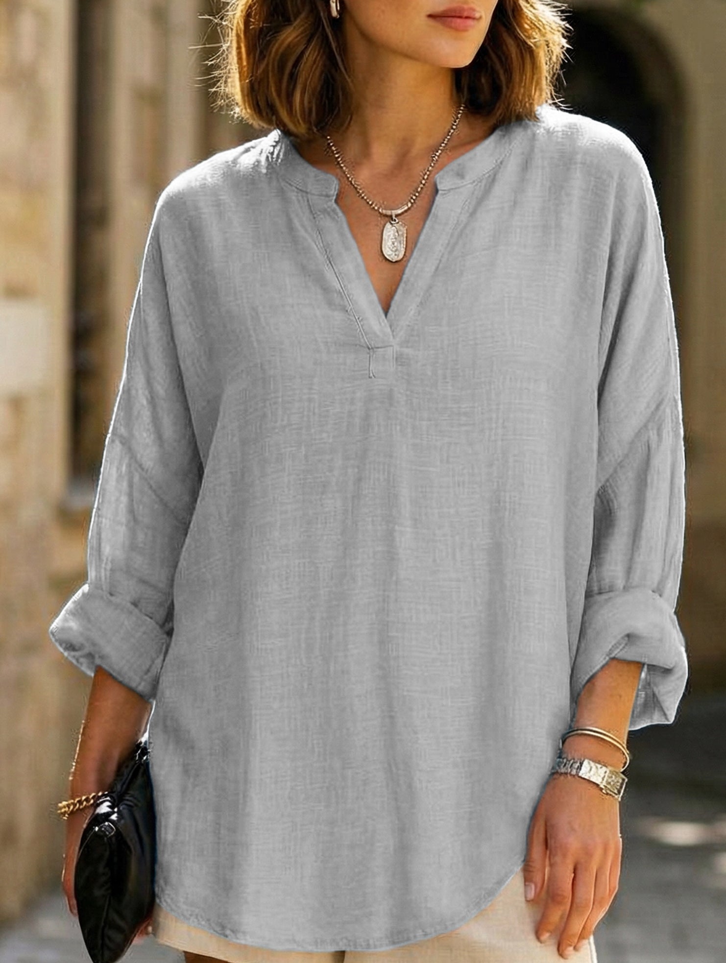V-neck cotton and linen plus size pullover shirt