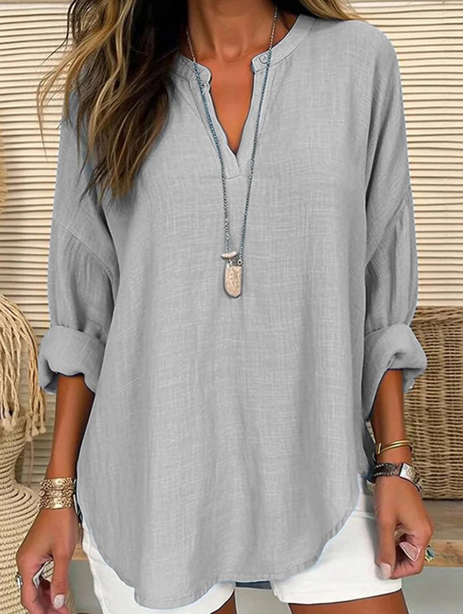 V-neck cotton and linen plus size pullover shirt