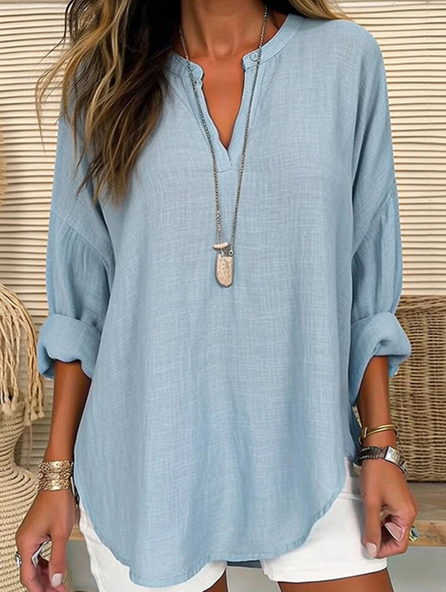V-neck cotton and linen plus size pullover shirt
