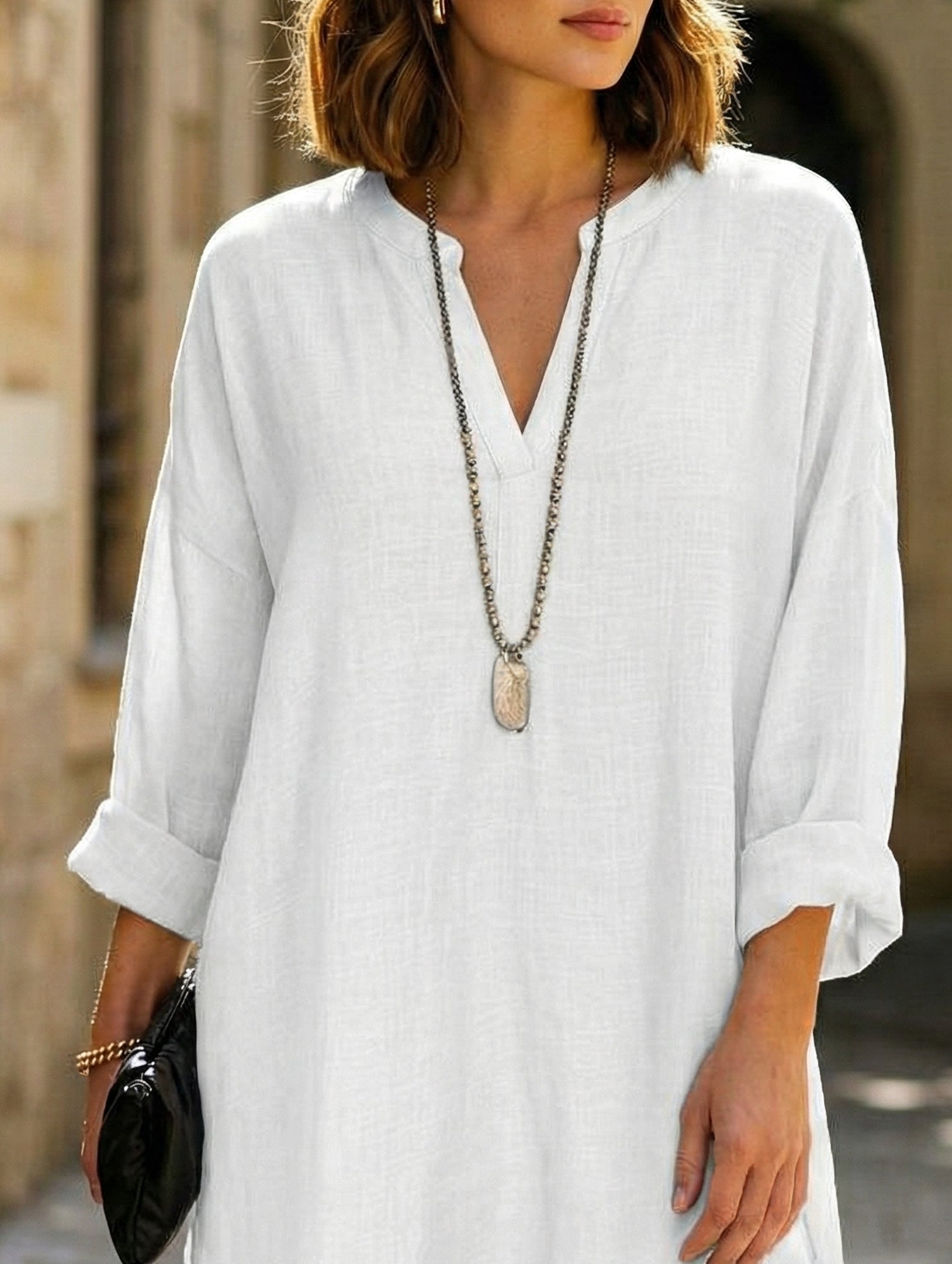 V-neck cotton and linen plus size pullover shirt