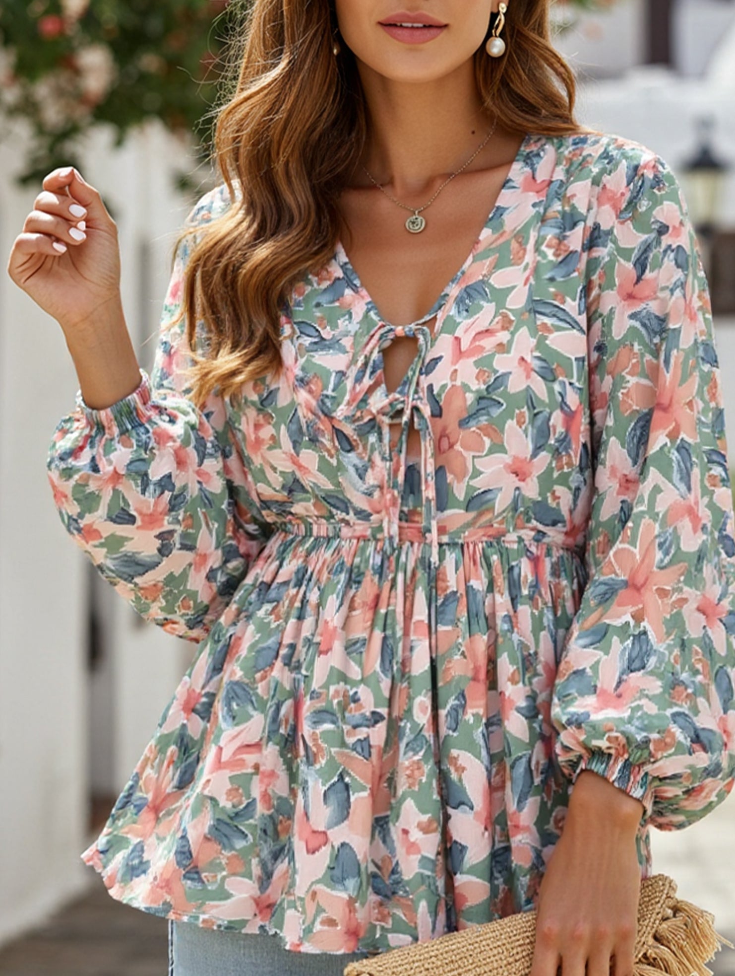 Lace-Up Printed Loose Shirt ??Women's Casual Bohemian Blouse
