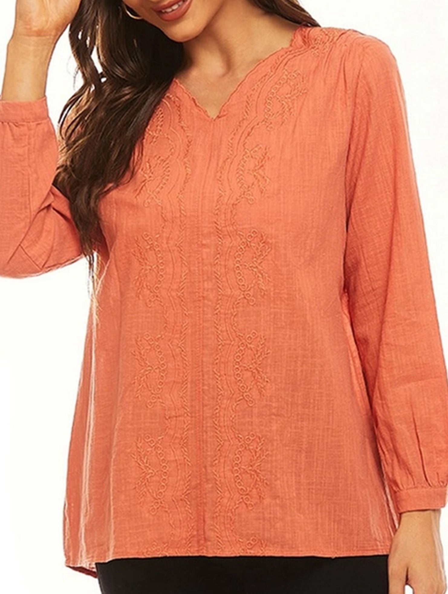 Cotton linen V-neck loose long-sleeved casual top