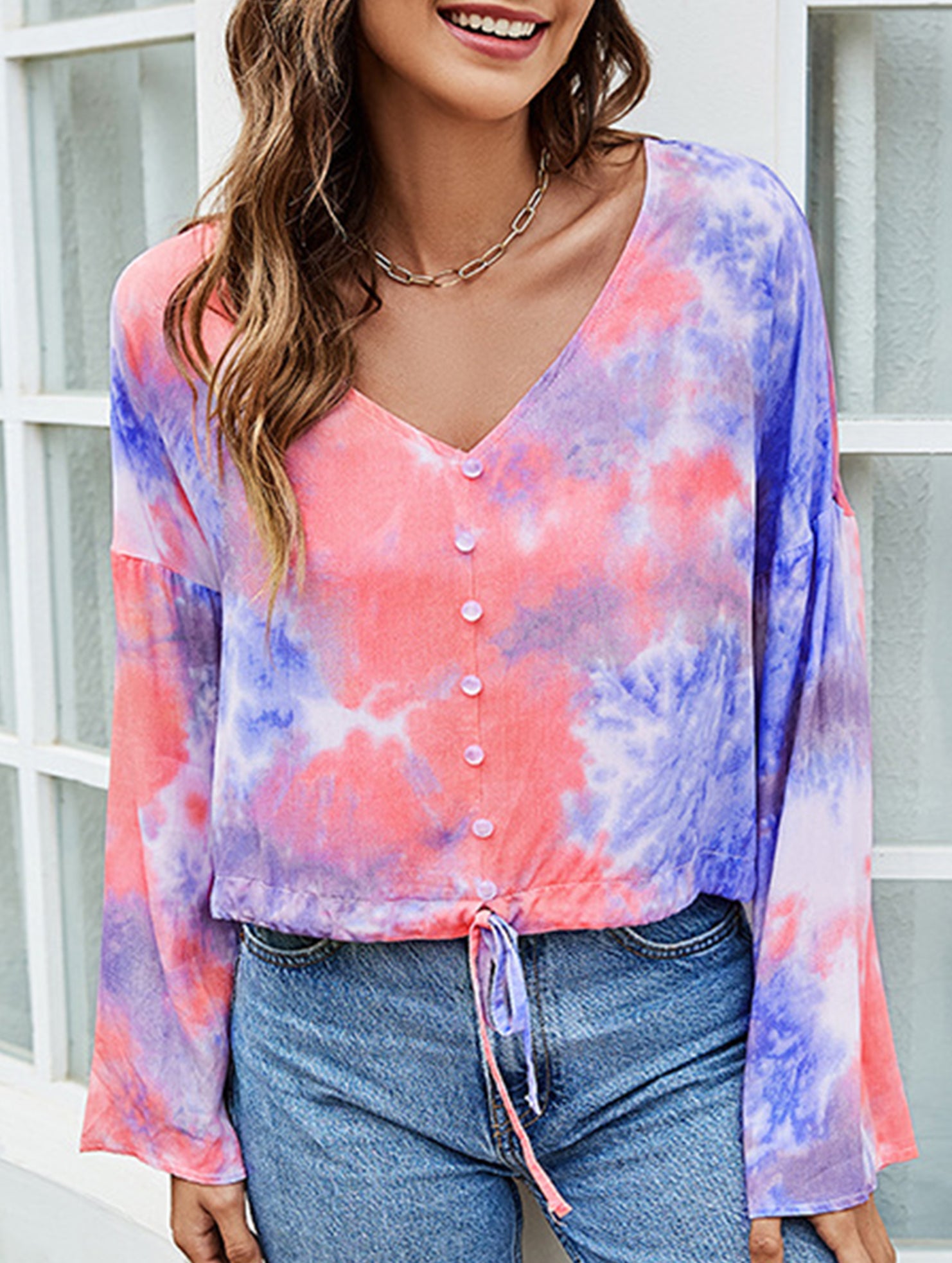 BIG V-NECK TIE-DYE SINGLE BREASTED T-SHIRT