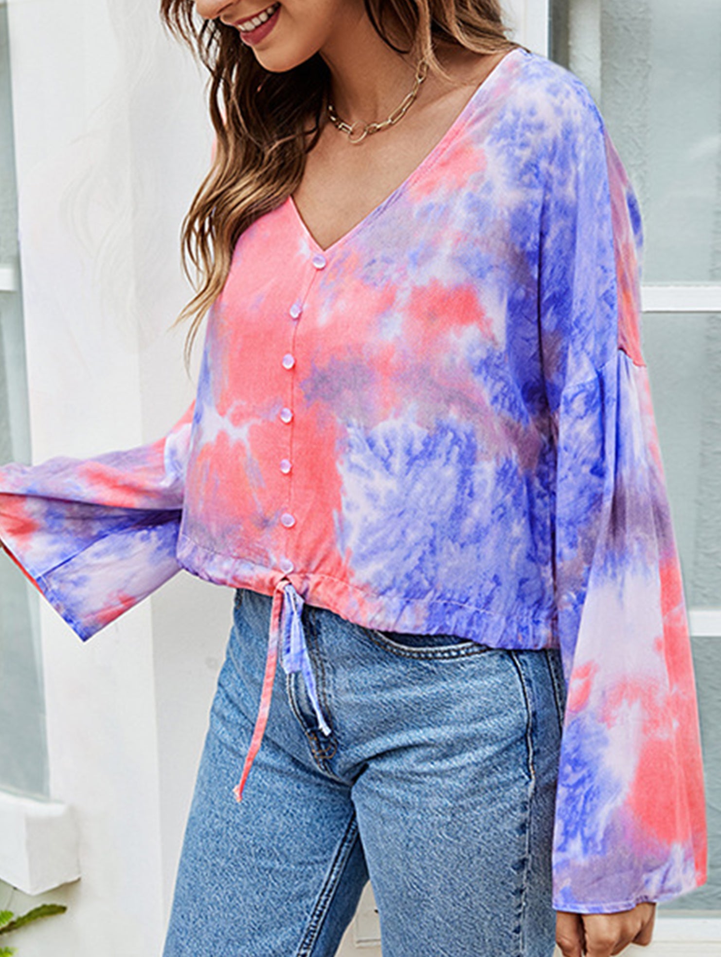 BIG V-NECK TIE-DYE SINGLE BREASTED T-SHIRT