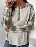 PLAID PATCHWORK LONG-SLEEVED CREW NECK T-SHIRT