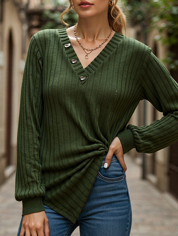 LONG SLEEVE SOLID COLOR SWEATER V-NECK TEXTURE
