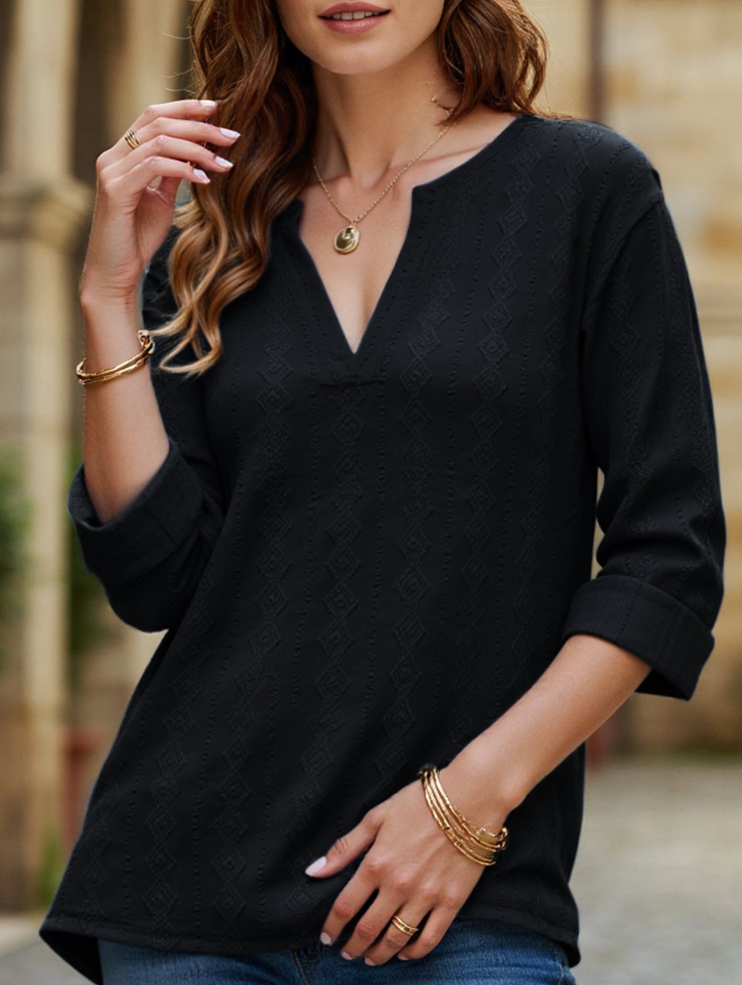V-neck mid-sleeve button-up jacquard T-shirt