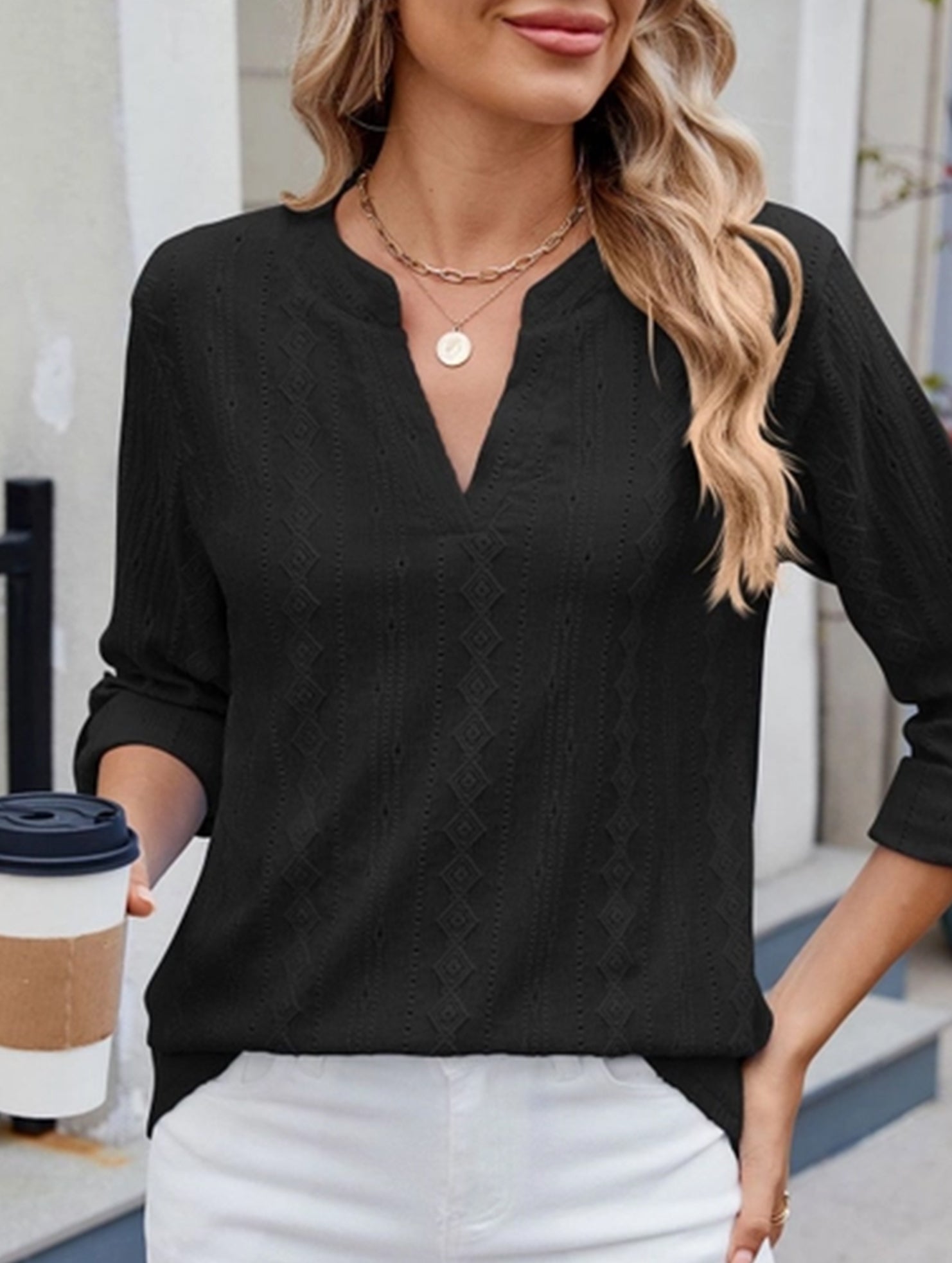 V-neck mid-sleeve button-up jacquard T-shirt