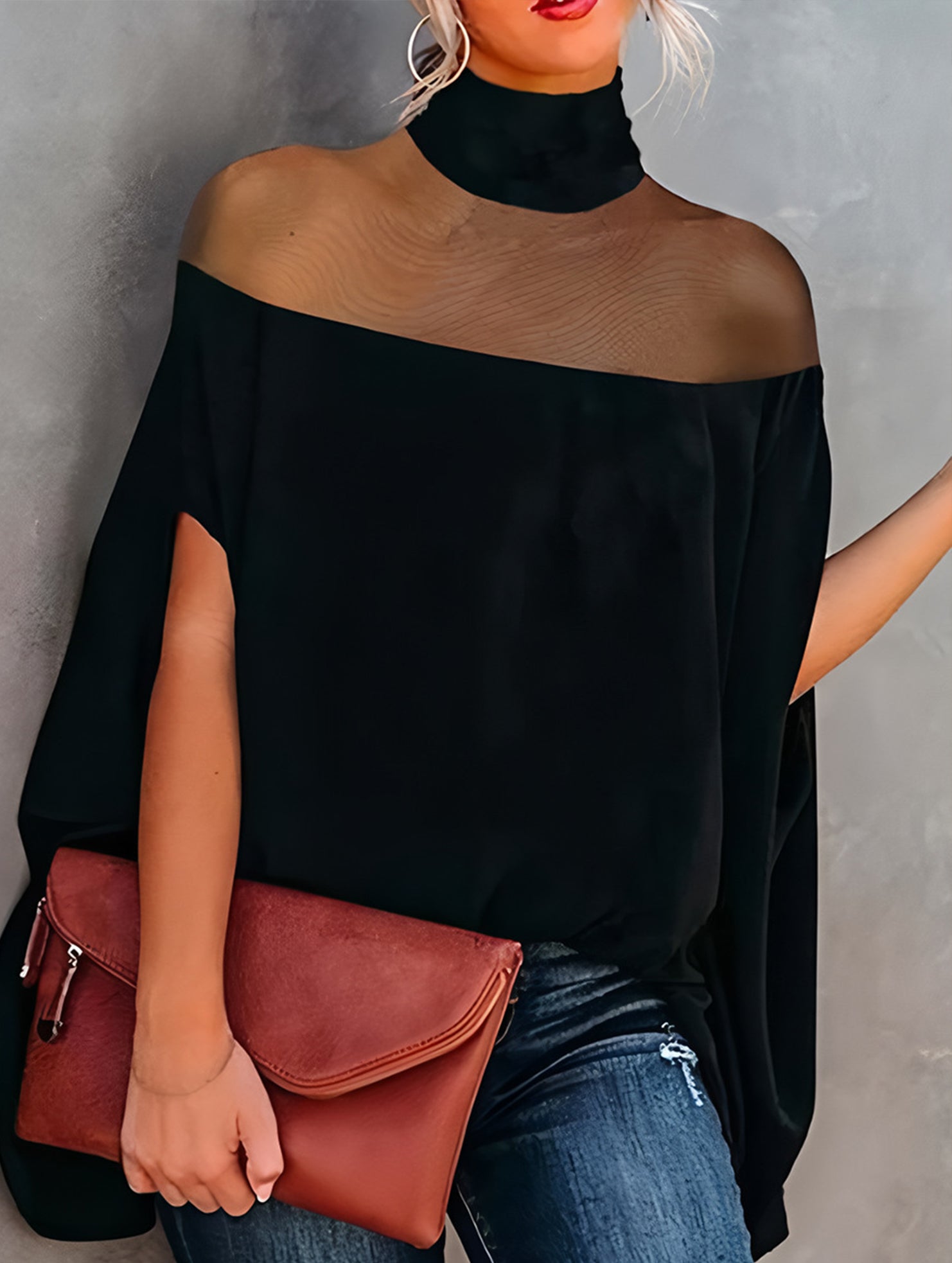 Women's Mesh Off-Shoulder Batwing Sleeve High Neck Top_CWTBLS02536