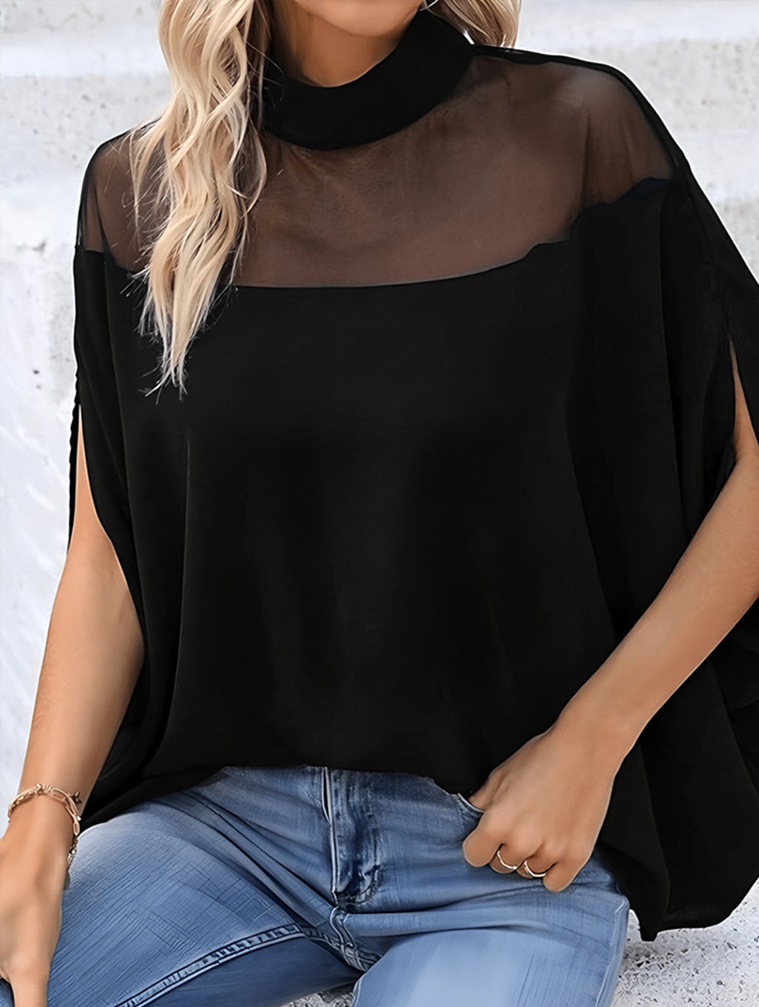 Women's Mesh Off-Shoulder Batwing Sleeve High Neck Top_CWTBLS02536