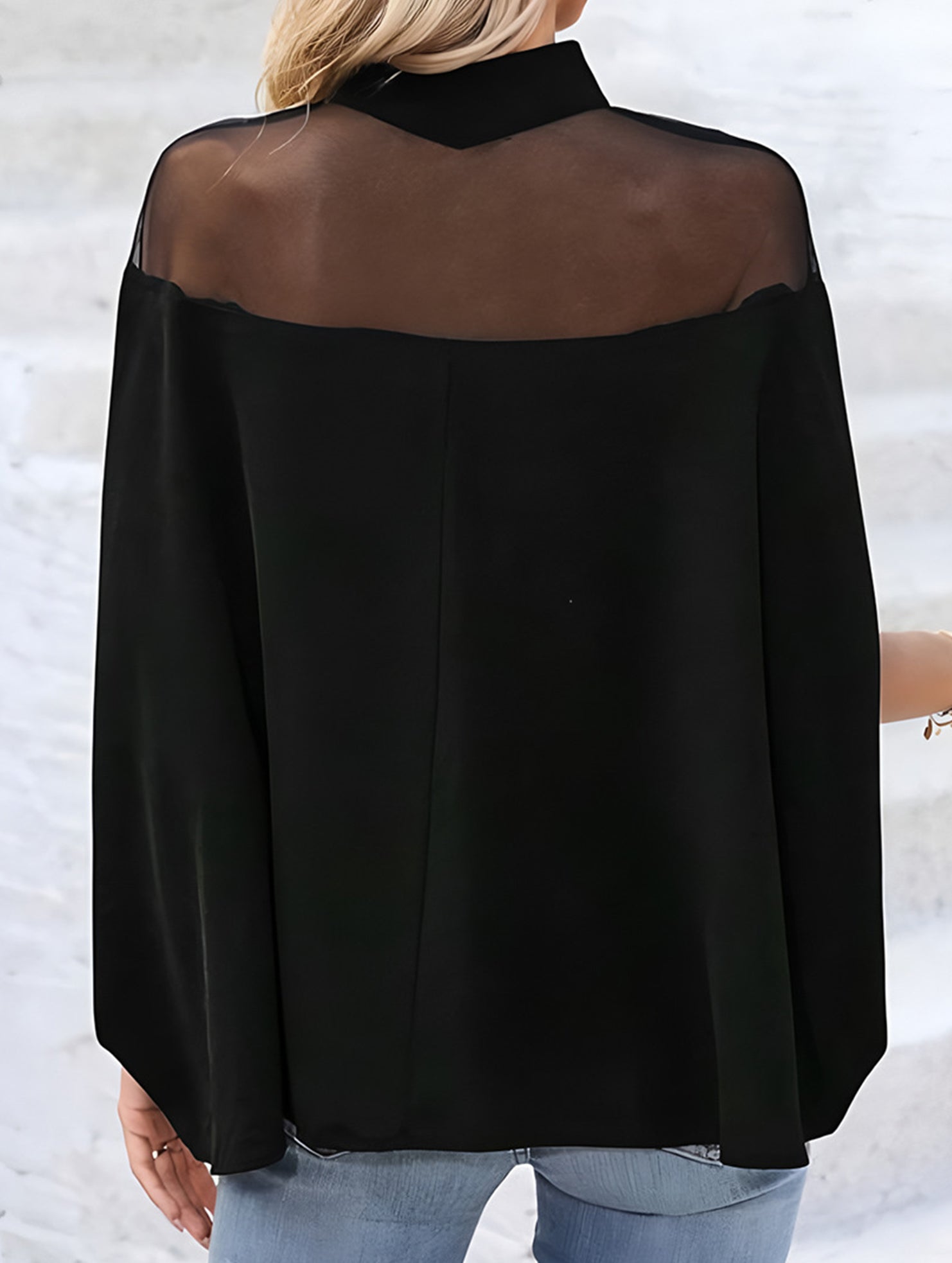 Women's Mesh Off-Shoulder Batwing Sleeve High Neck Top_CWTBLS02536