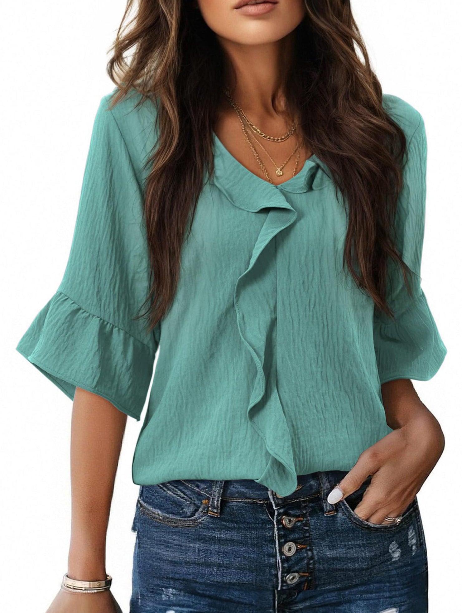 Ruffle 3/4 Sleeve Lantern Neck Casual Top_CWTBLS02559