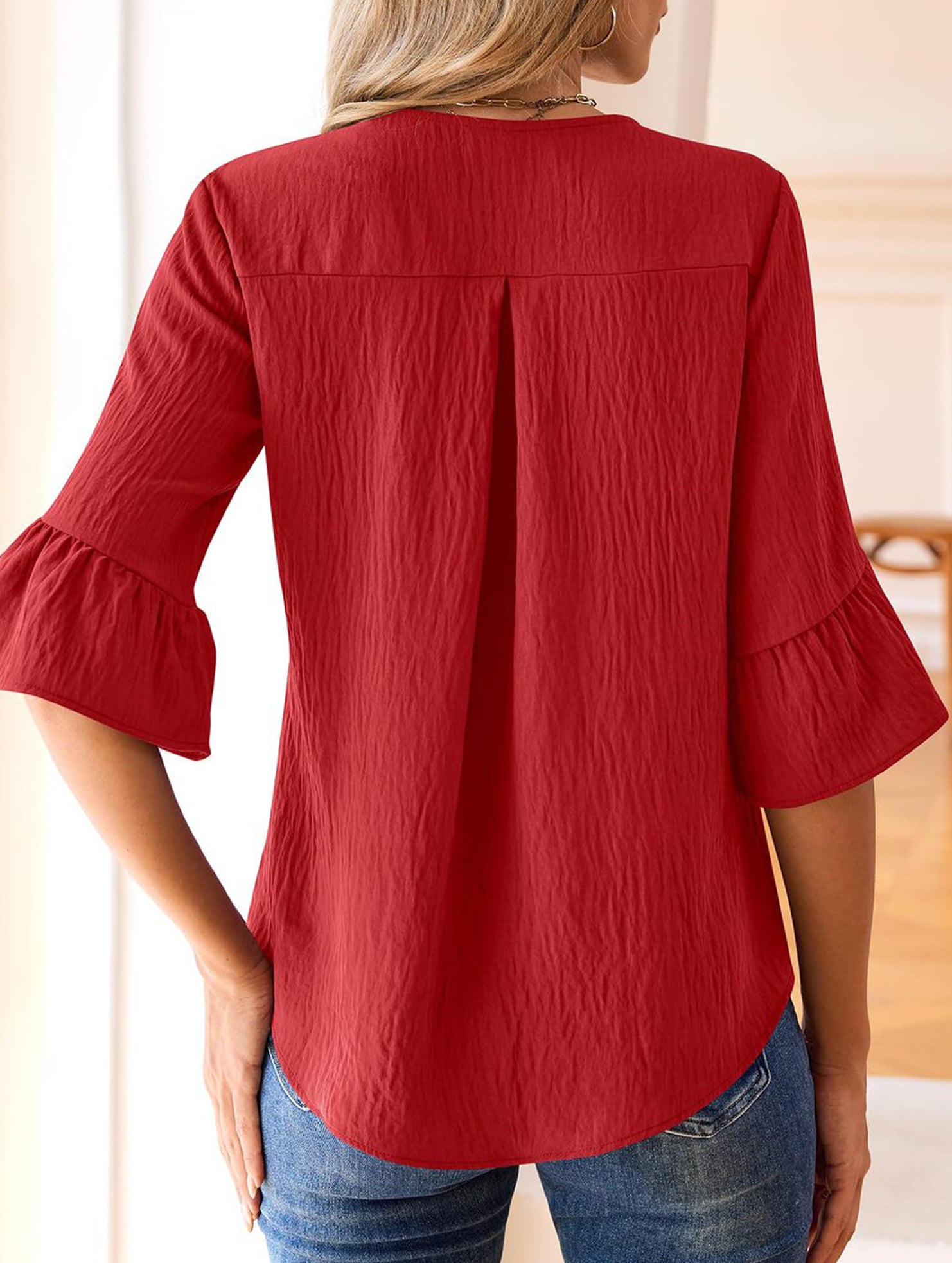 Ruffle 3/4 Sleeve Lantern Neck Casual Top_CWTBLS02559