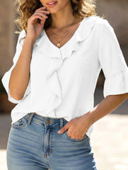 Ruffle 3/4 Sleeve Lantern Neck Casual Top_CWTBLS02559
