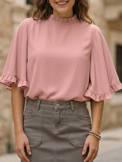 Crewneck Ruffle Sleeve Blouse_CWTBLS02655