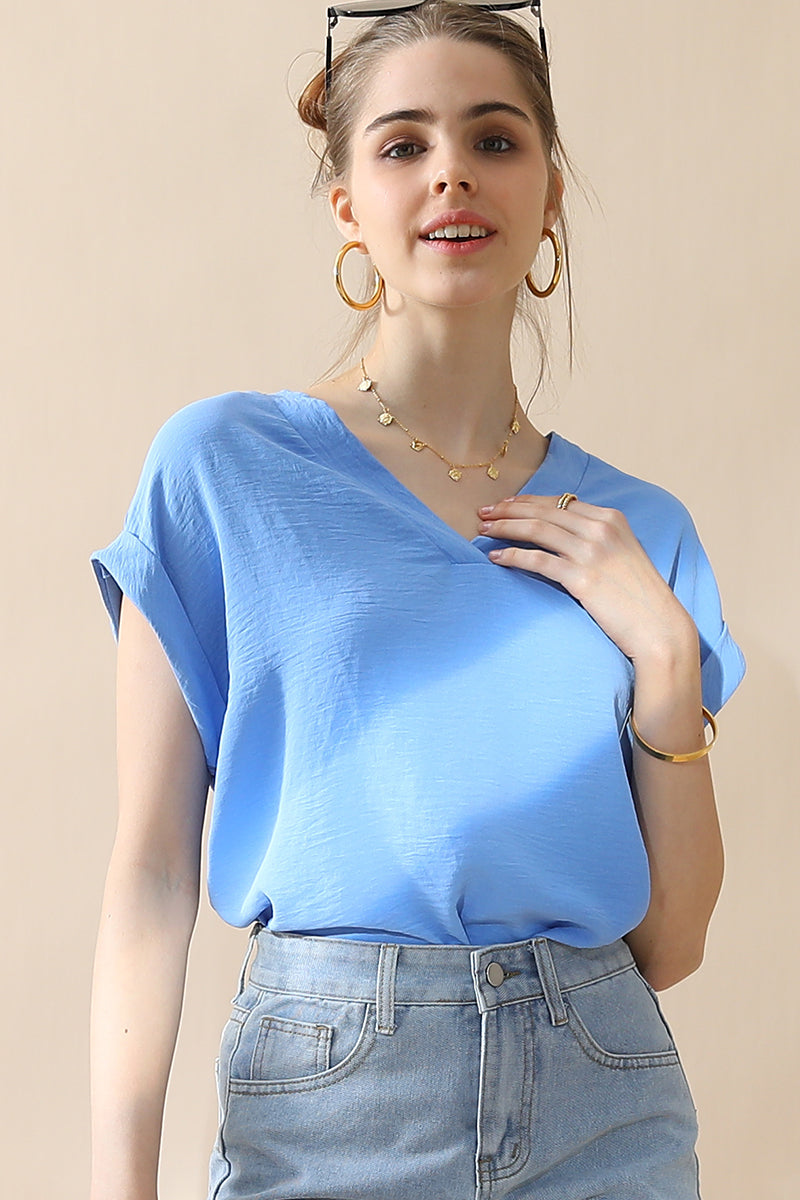 Womens V Neck Trim Rolled Short Sleeve Blouse Top