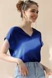 Womens V Neck Trim Rolled Short Sleeve Blouse Top