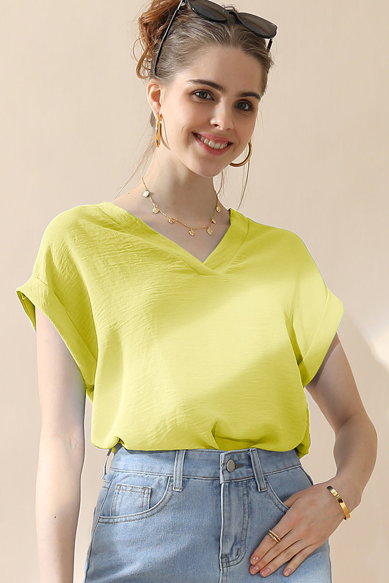 Womens V Neck Trim Rolled Short Sleeve Blouse Top