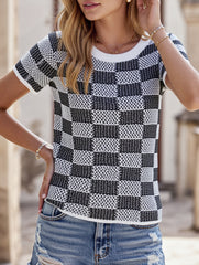 CASUAL PLAID CREW NECK KNIT SHORT SLEEVED SHIRT_CWTBLS0424