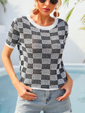CASUAL PLAID CREW NECK KNIT SHORT SLEEVED SHIRT_CWTBLS0424