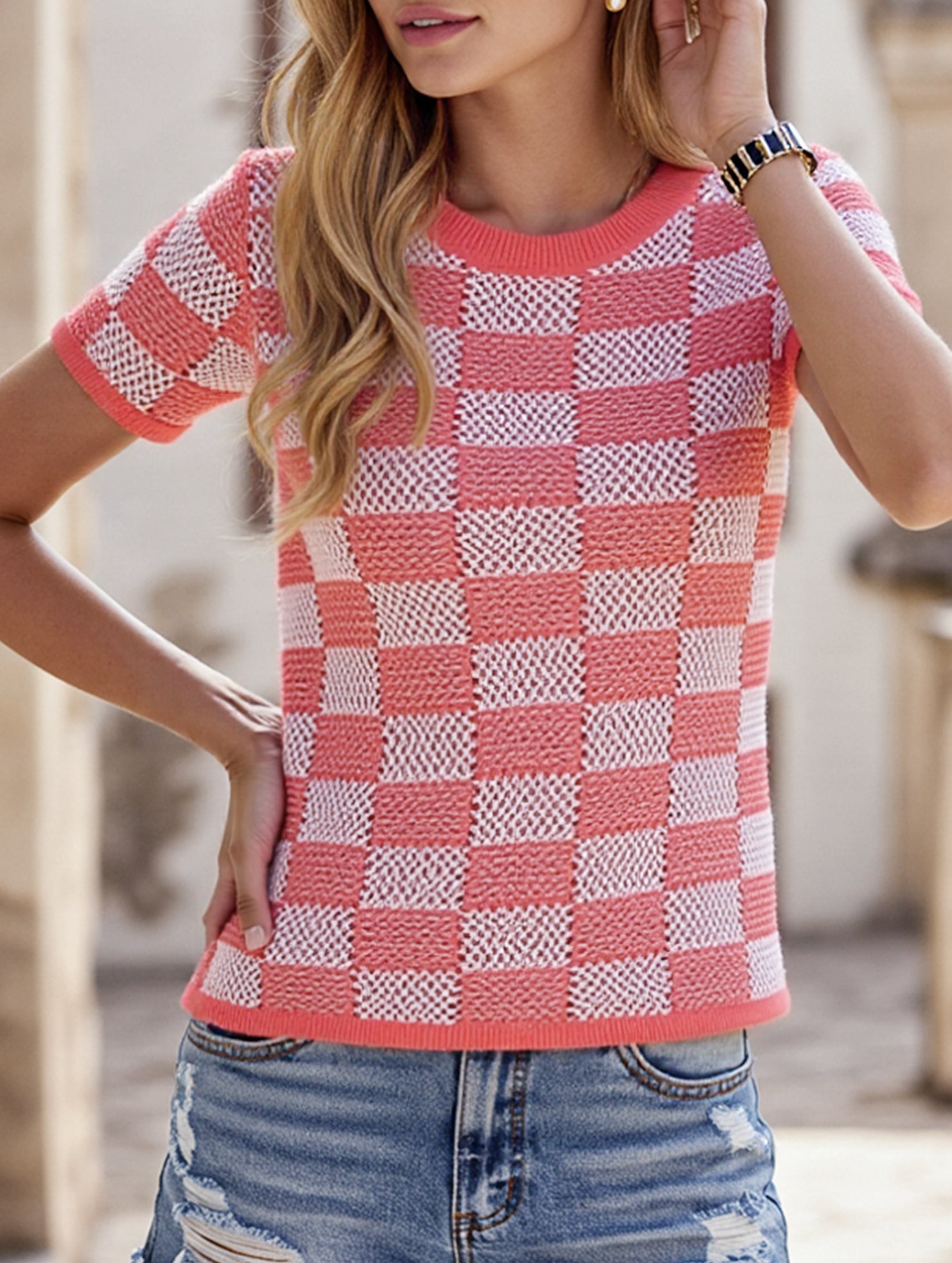 CASUAL PLAID CREW NECK KNIT SHORT SLEEVED SHIRT_CWTBLS0424