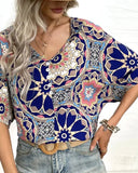 Bat-sleeve printed blouse