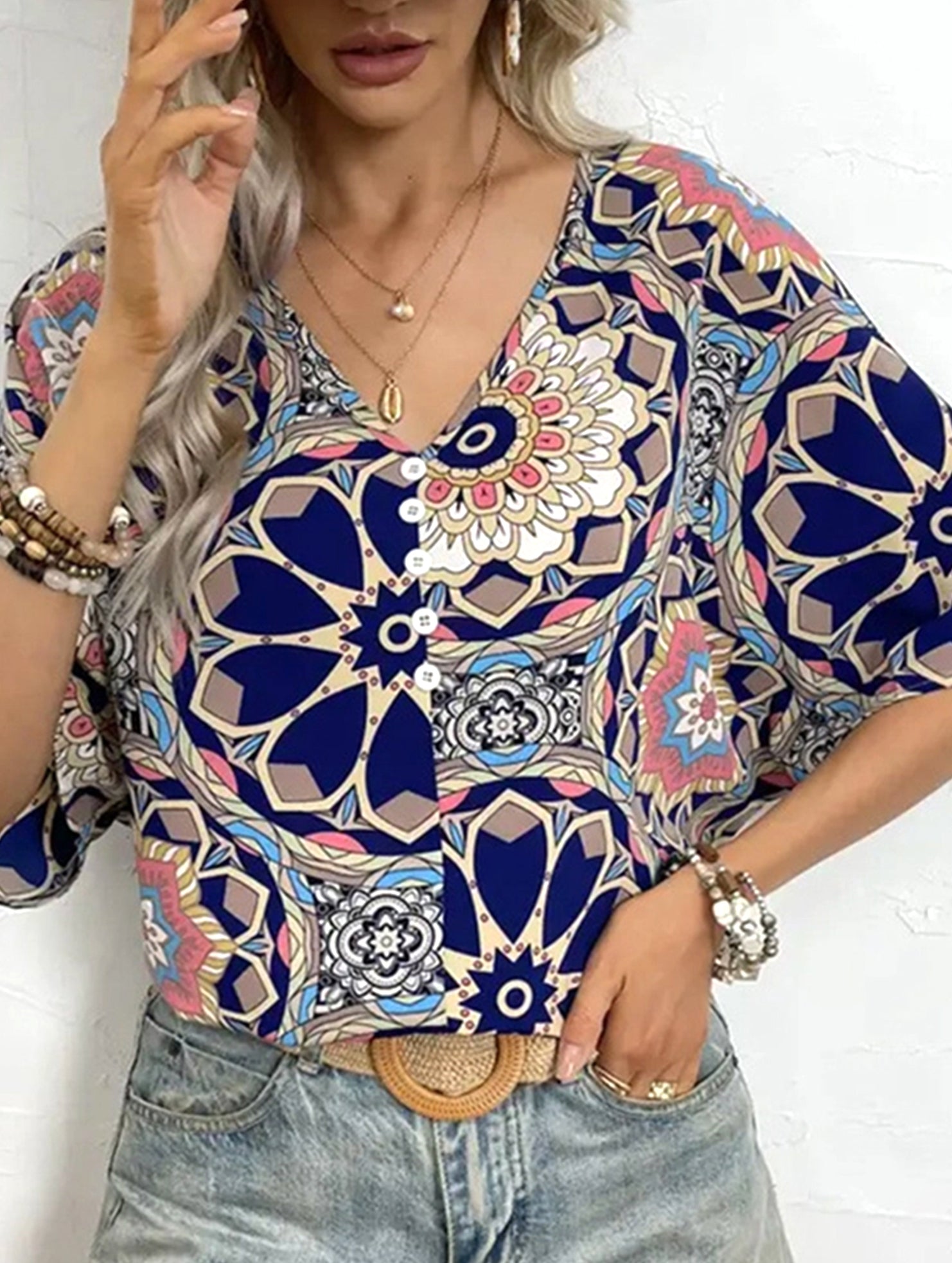 Bat-sleeve printed blouse
