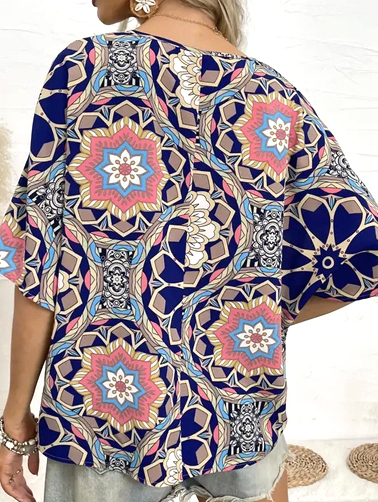 Bat-sleeve printed blouse