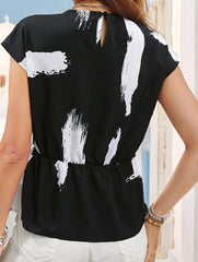 Stretch Waist Print Blouse ??Elegant Printed Pullover Top with Waist Shirring