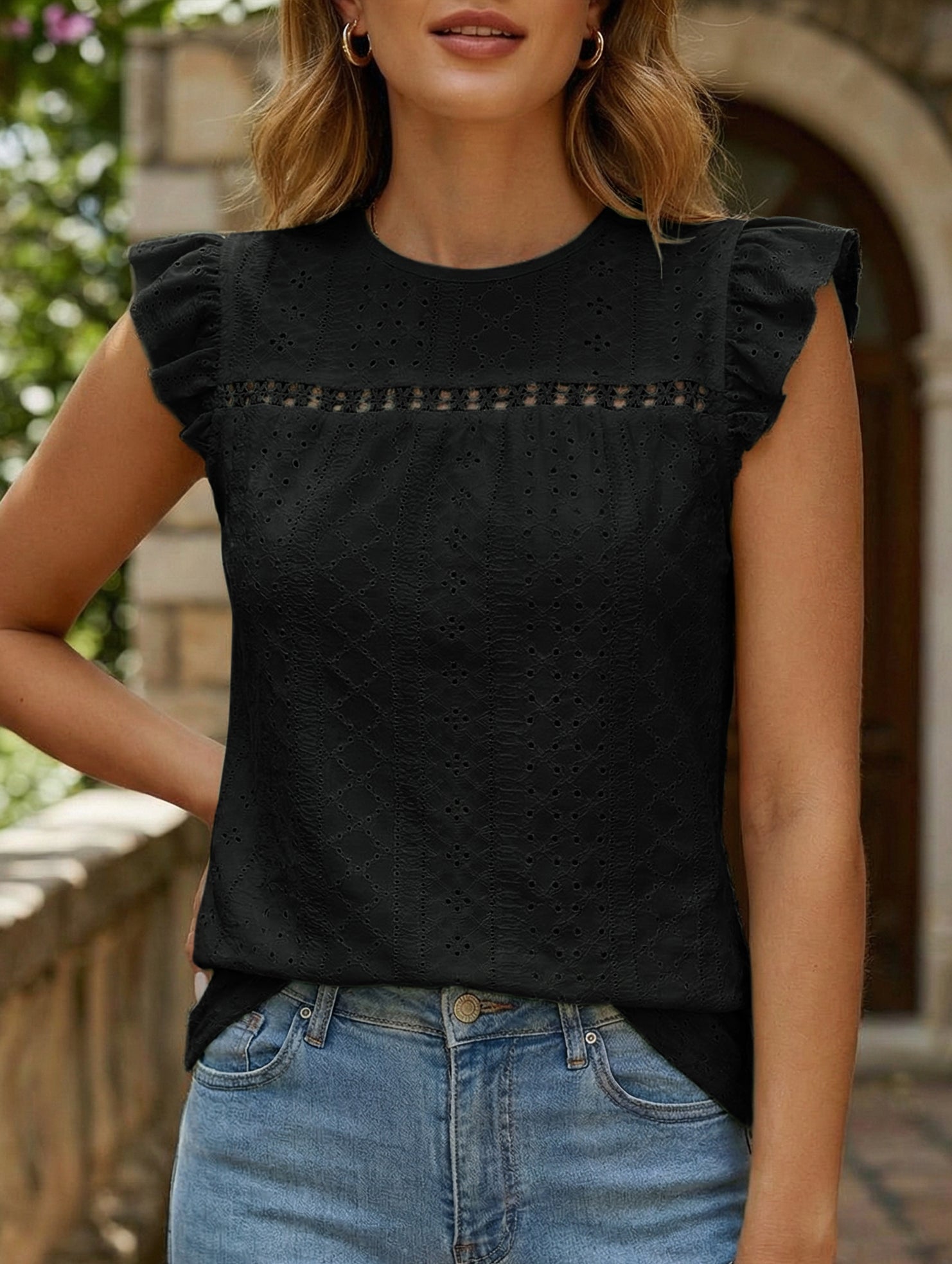 Fresh style Crew neck Lotus leaf sleeves T-shirts