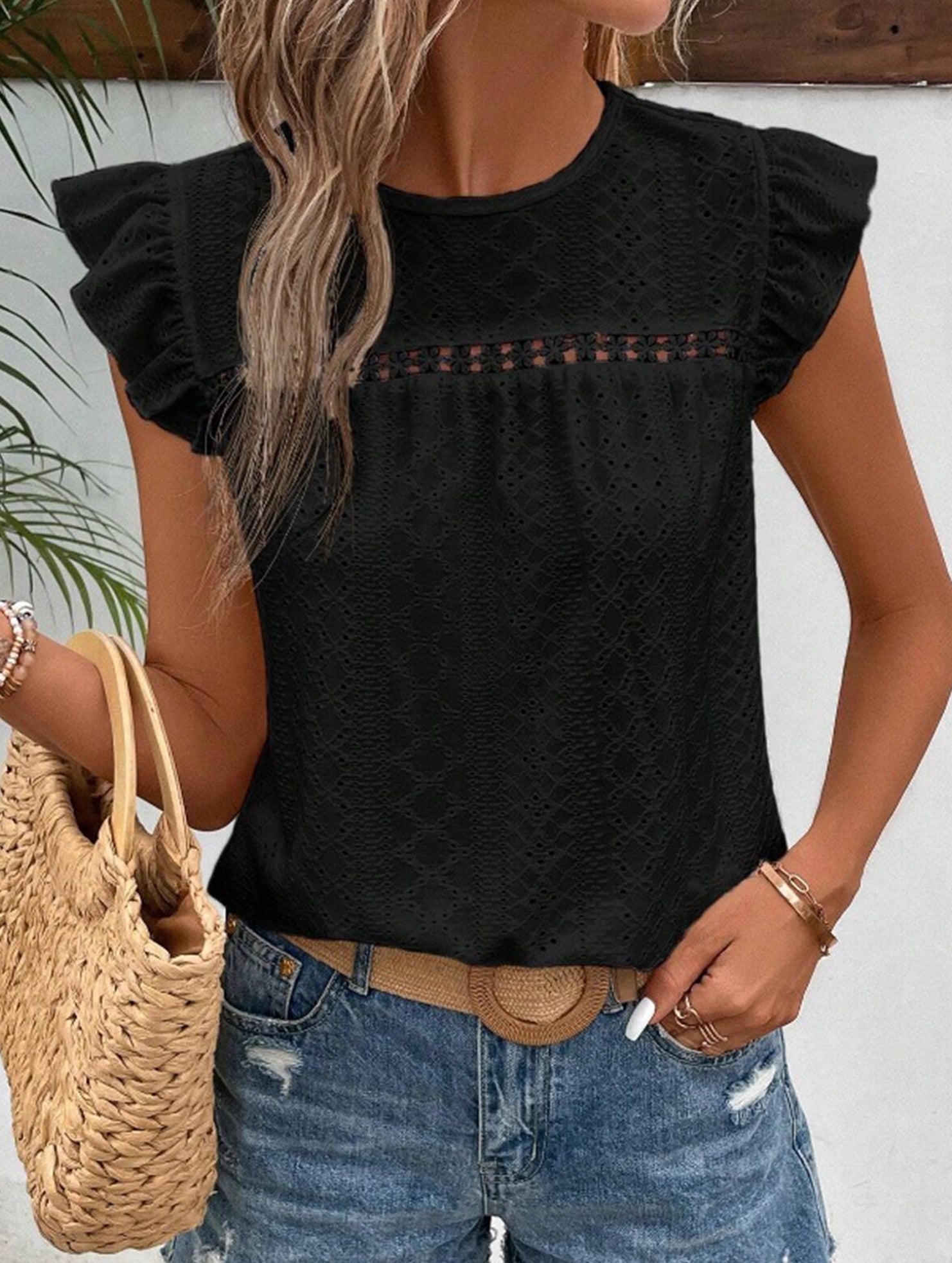 Fresh style Crew neck Lotus leaf sleeves T-shirts