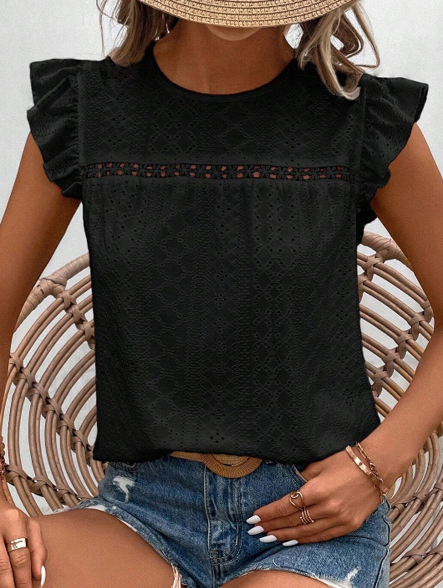 Fresh style Crew neck Lotus leaf sleeves T-shirts