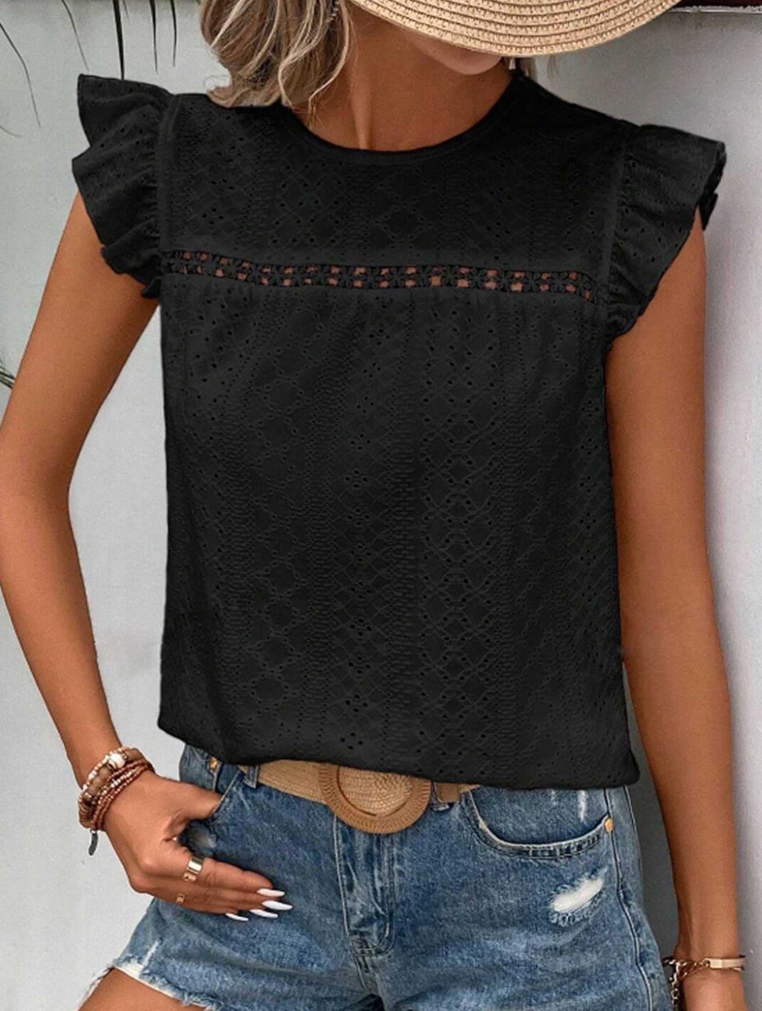 Fresh style Crew neck Lotus leaf sleeves T-shirts