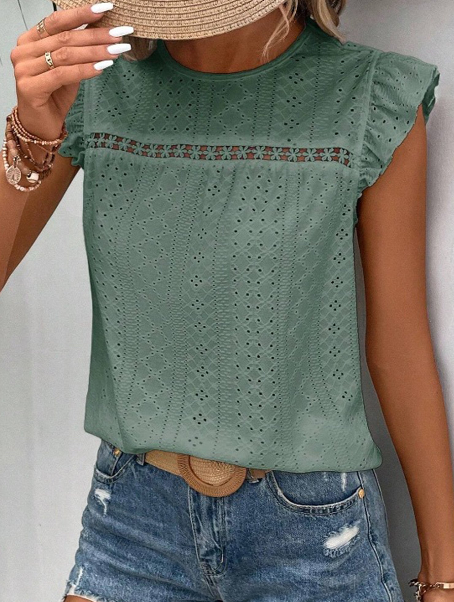 Fresh style Crew neck Lotus leaf sleeves T-shirts