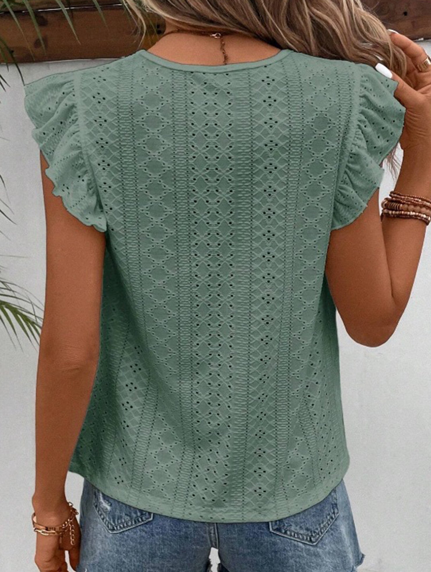 Fresh style Crew neck Lotus leaf sleeves T-shirts