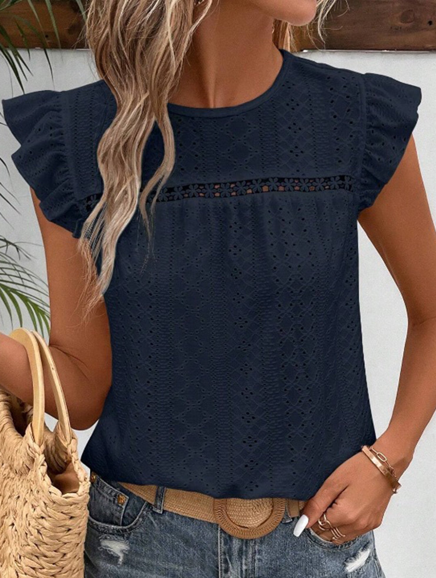 Fresh style Crew neck Lotus leaf sleeves T-shirts