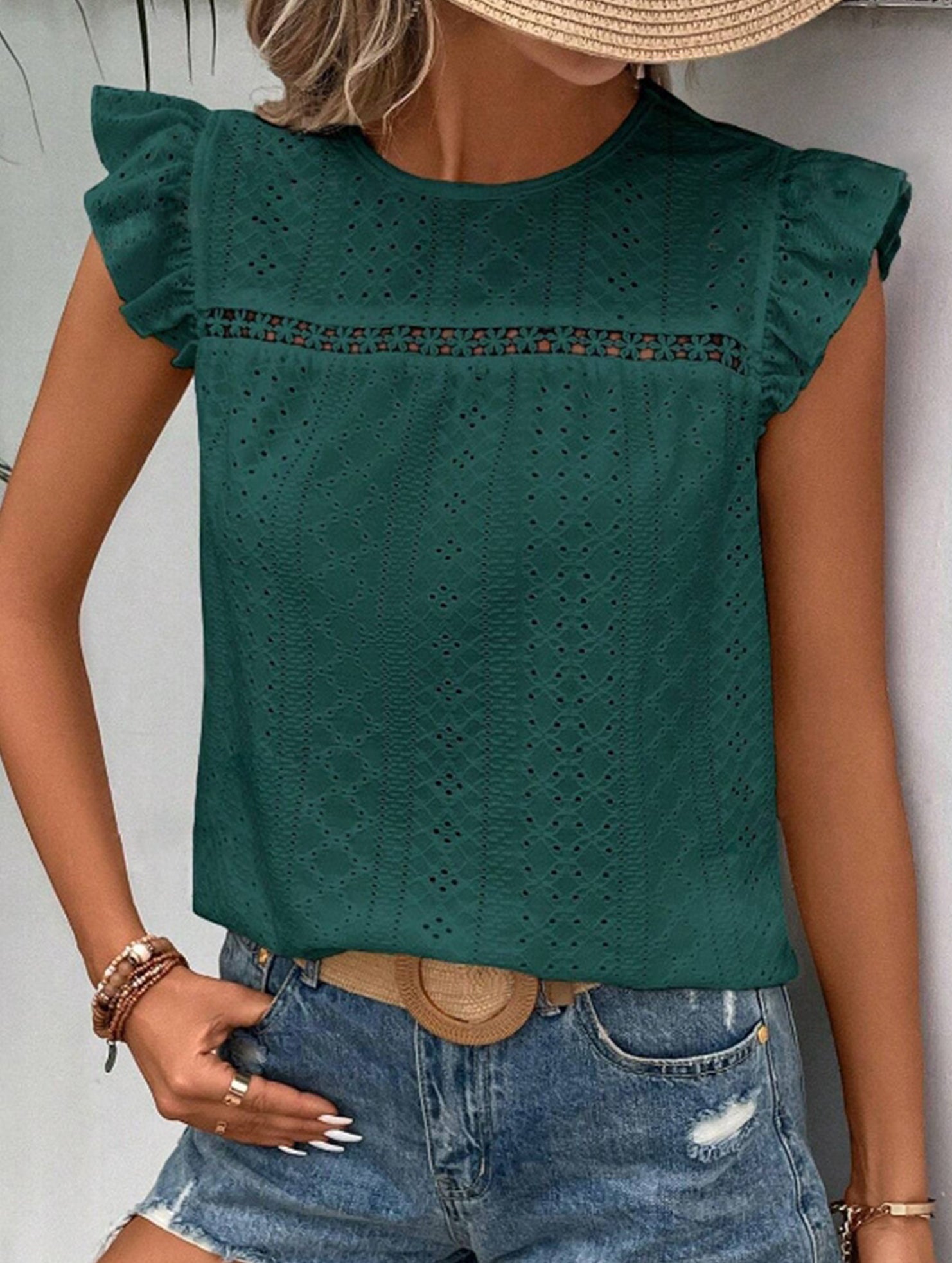 Fresh style Crew neck Lotus leaf sleeves T-shirts