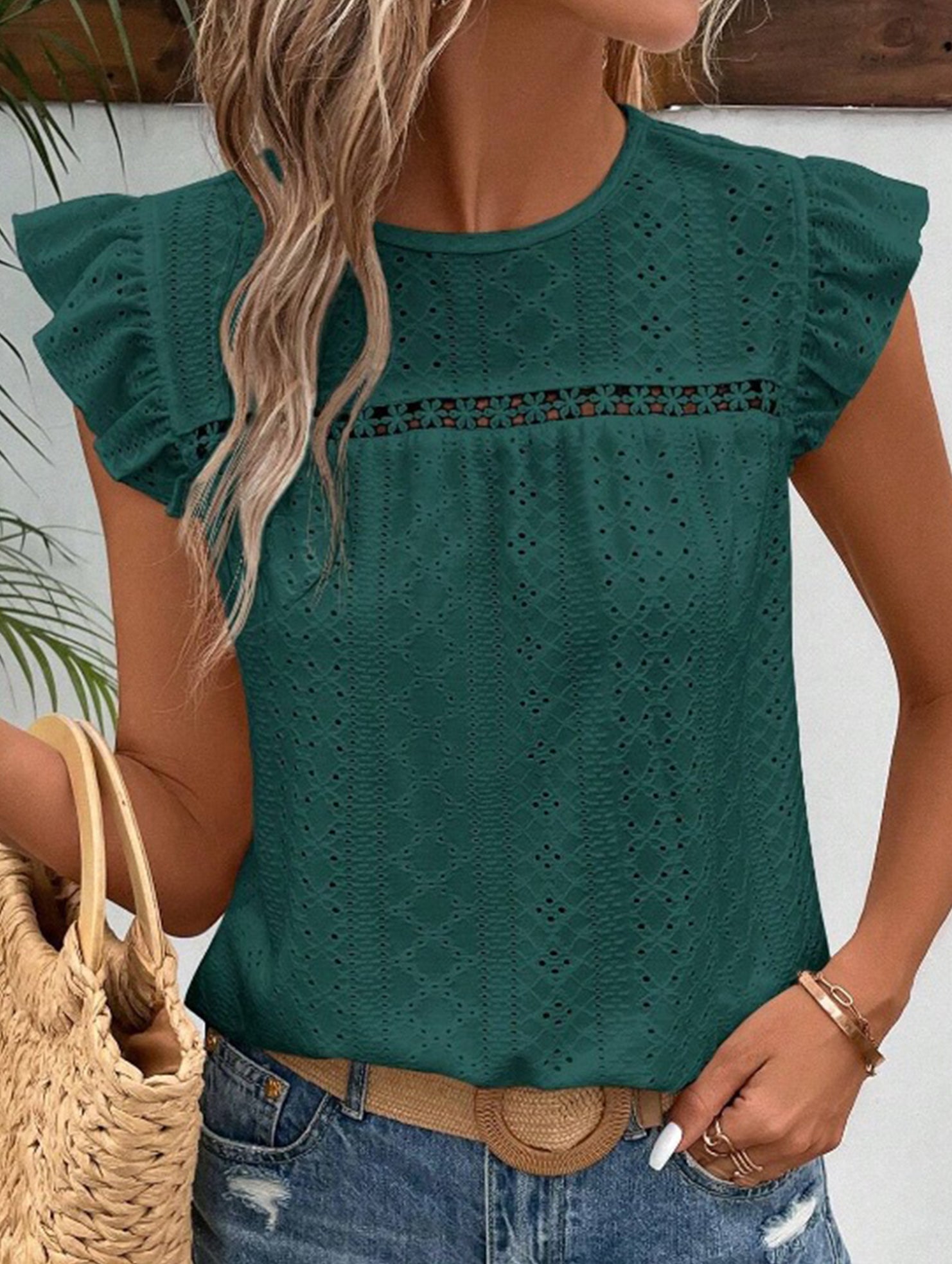 Fresh style Crew neck Lotus leaf sleeves T-shirts