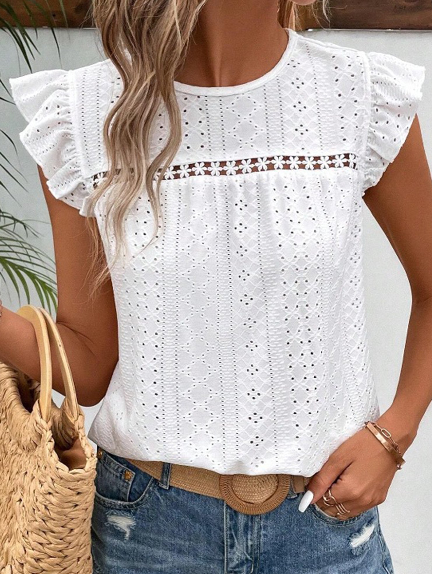 Fresh style Crew neck Lotus leaf sleeves T-shirts