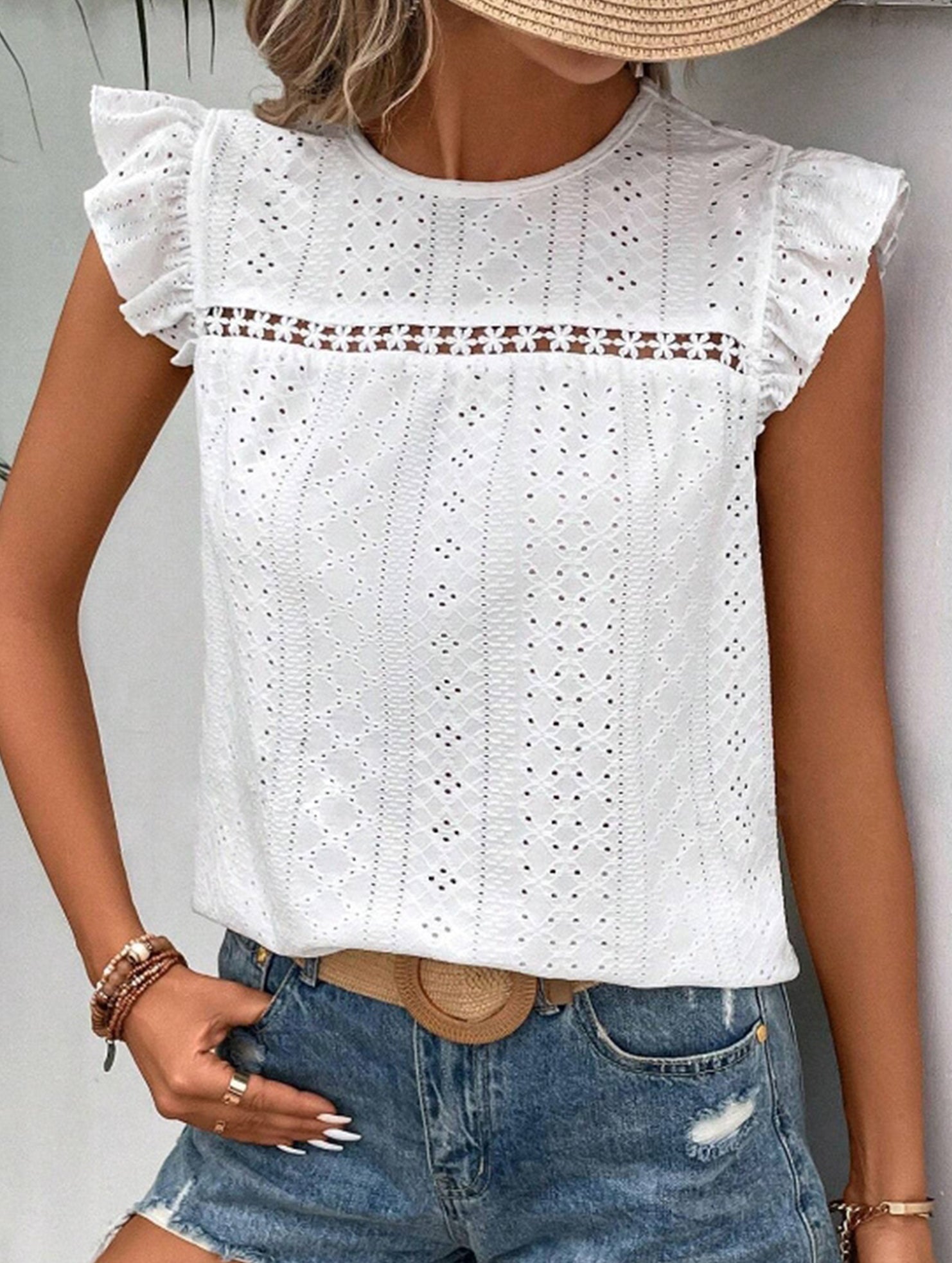 Fresh style Crew neck Lotus leaf sleeves T-shirts