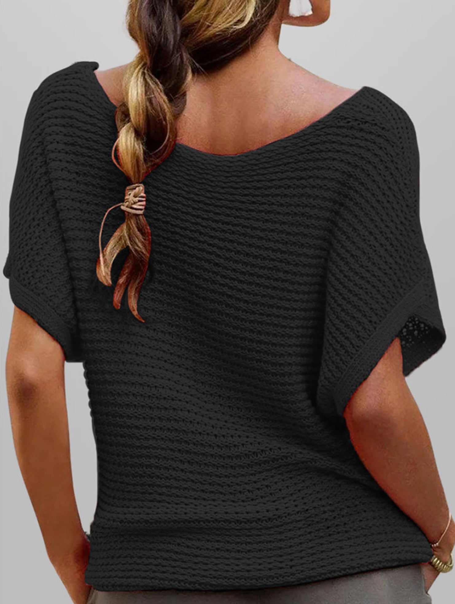 fashionable casual round neck solid color knitted sleeve top