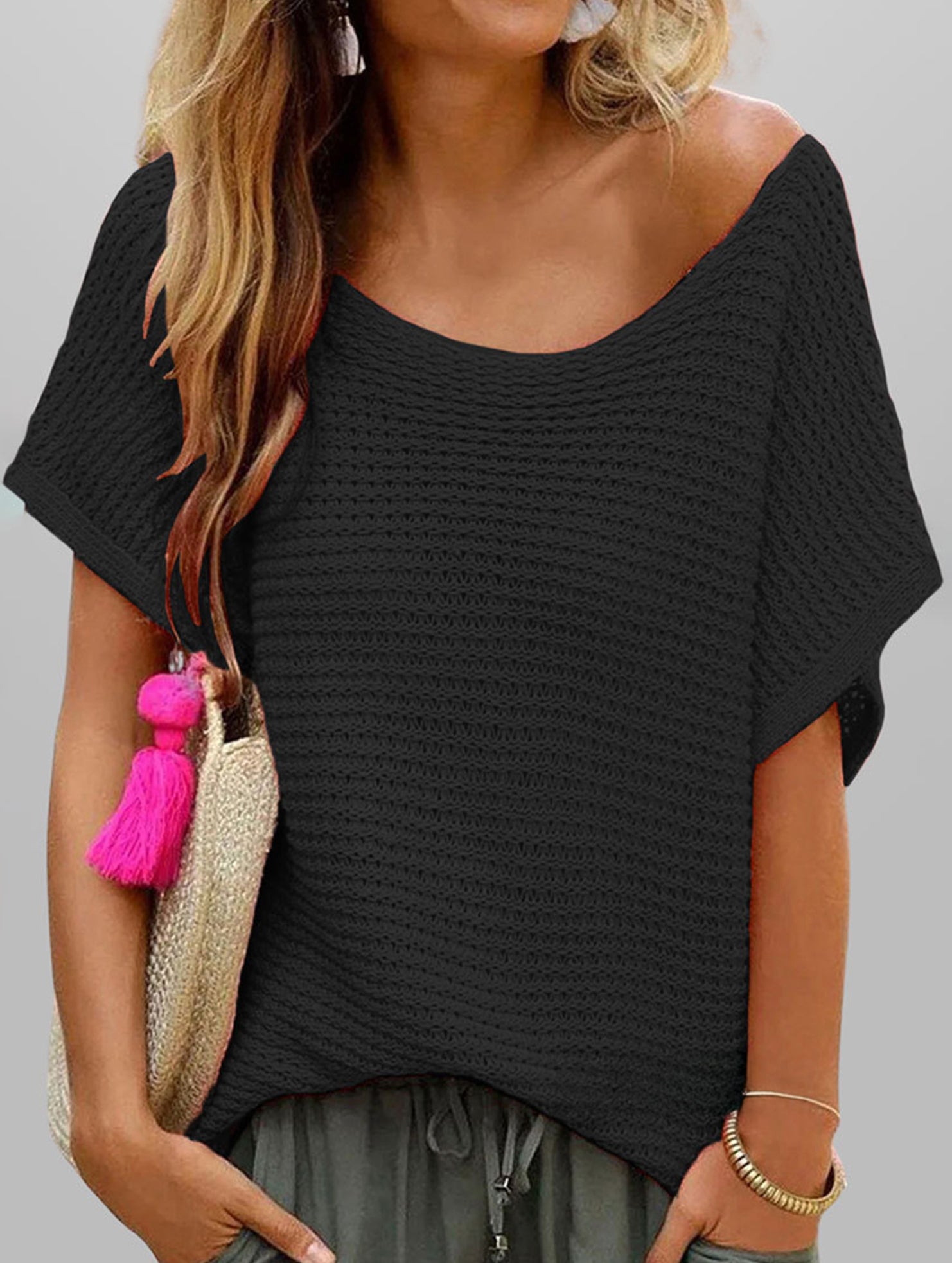 fashionable casual round neck solid color knitted sleeve top
