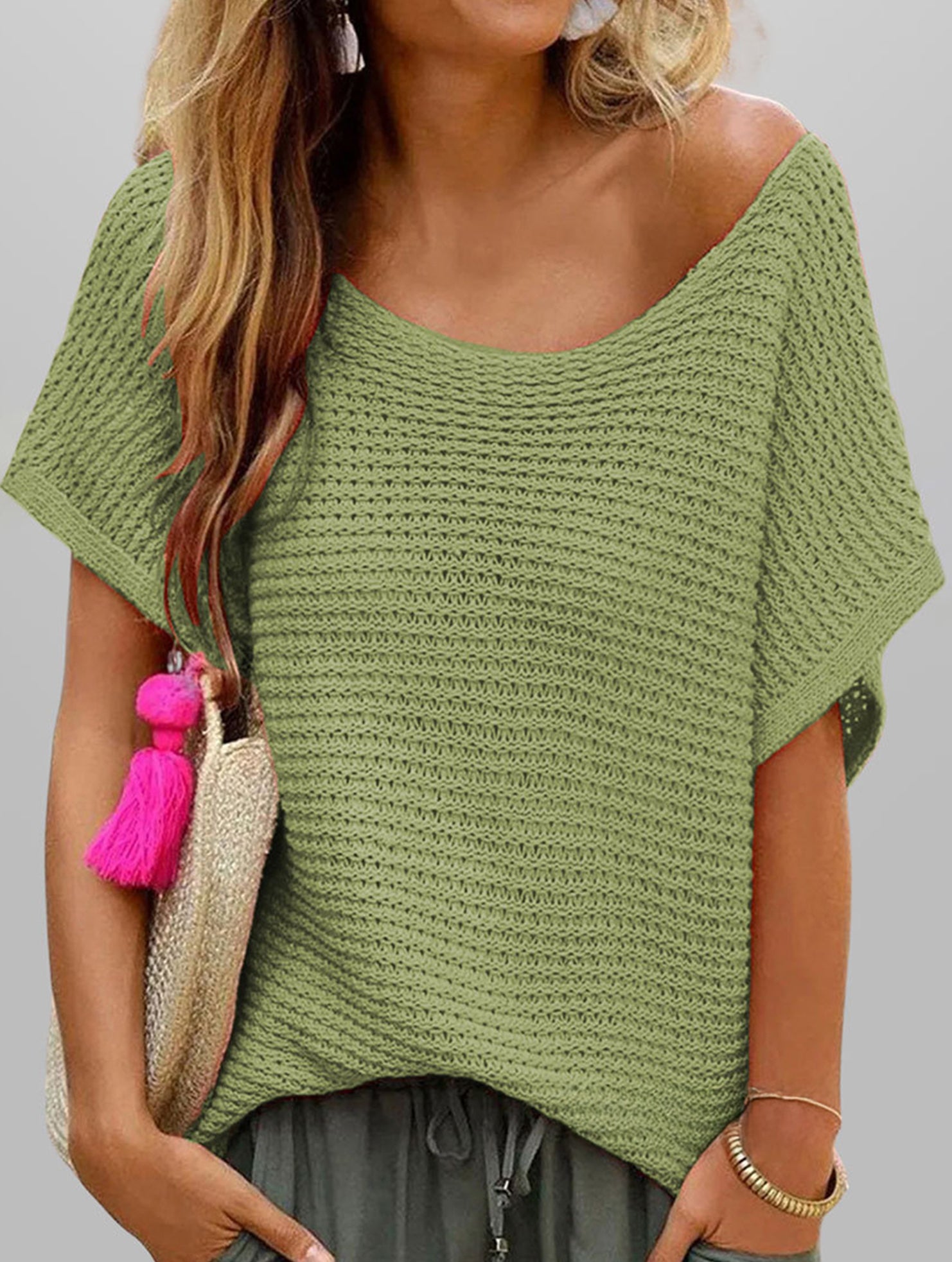 fashionable casual round neck solid color knitted sleeve top