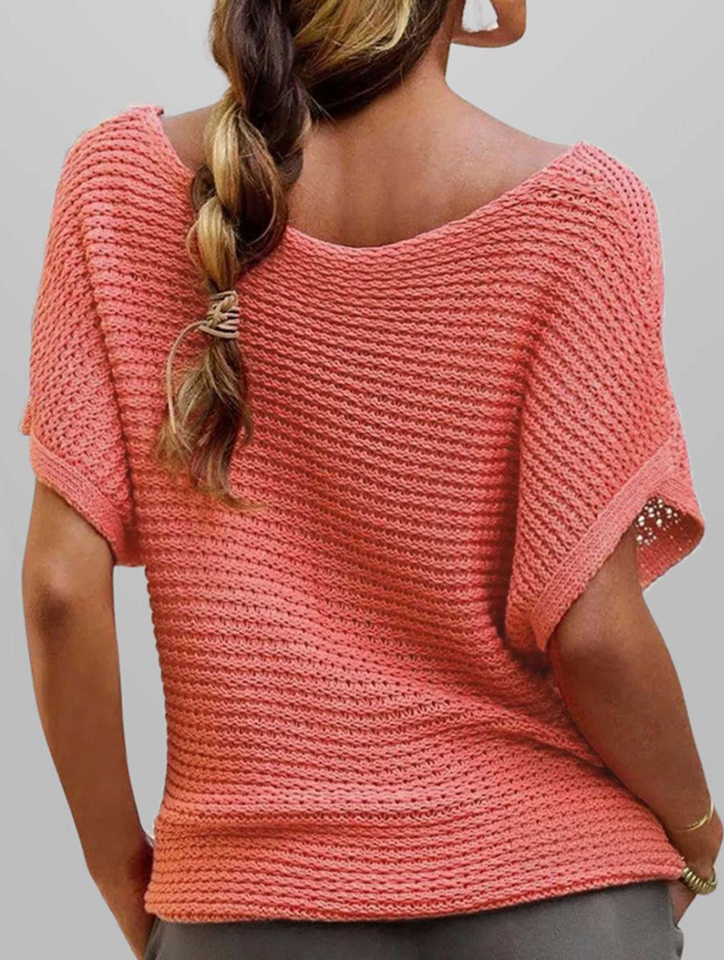 fashionable casual round neck solid color knitted sleeve top
