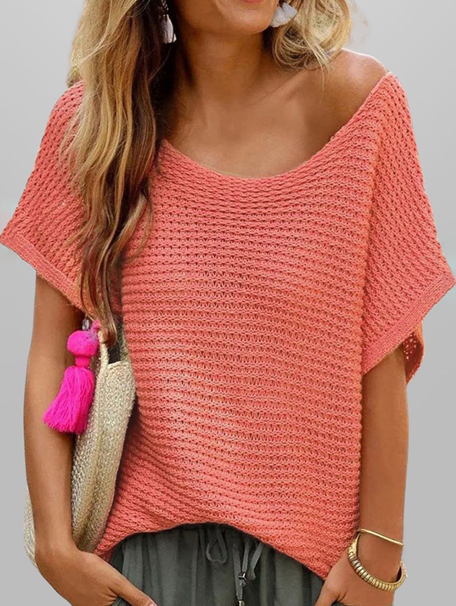 fashionable casual round neck solid color knitted sleeve top