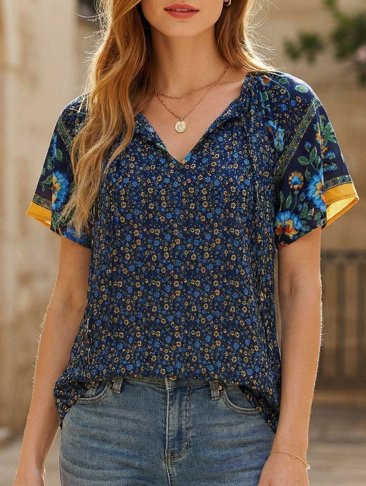 Casual Ethnic Style Printed V-Neck Short-Sleeve Loose shirt