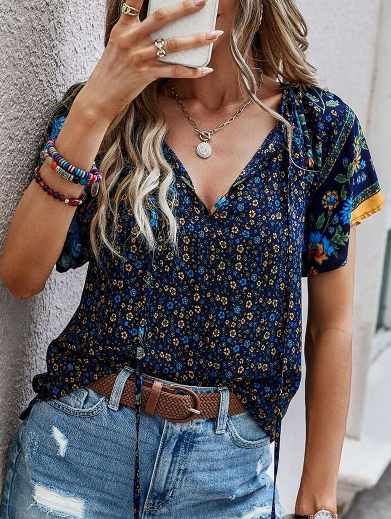 Casual Ethnic Style Printed V-Neck Short-Sleeve Loose shirt