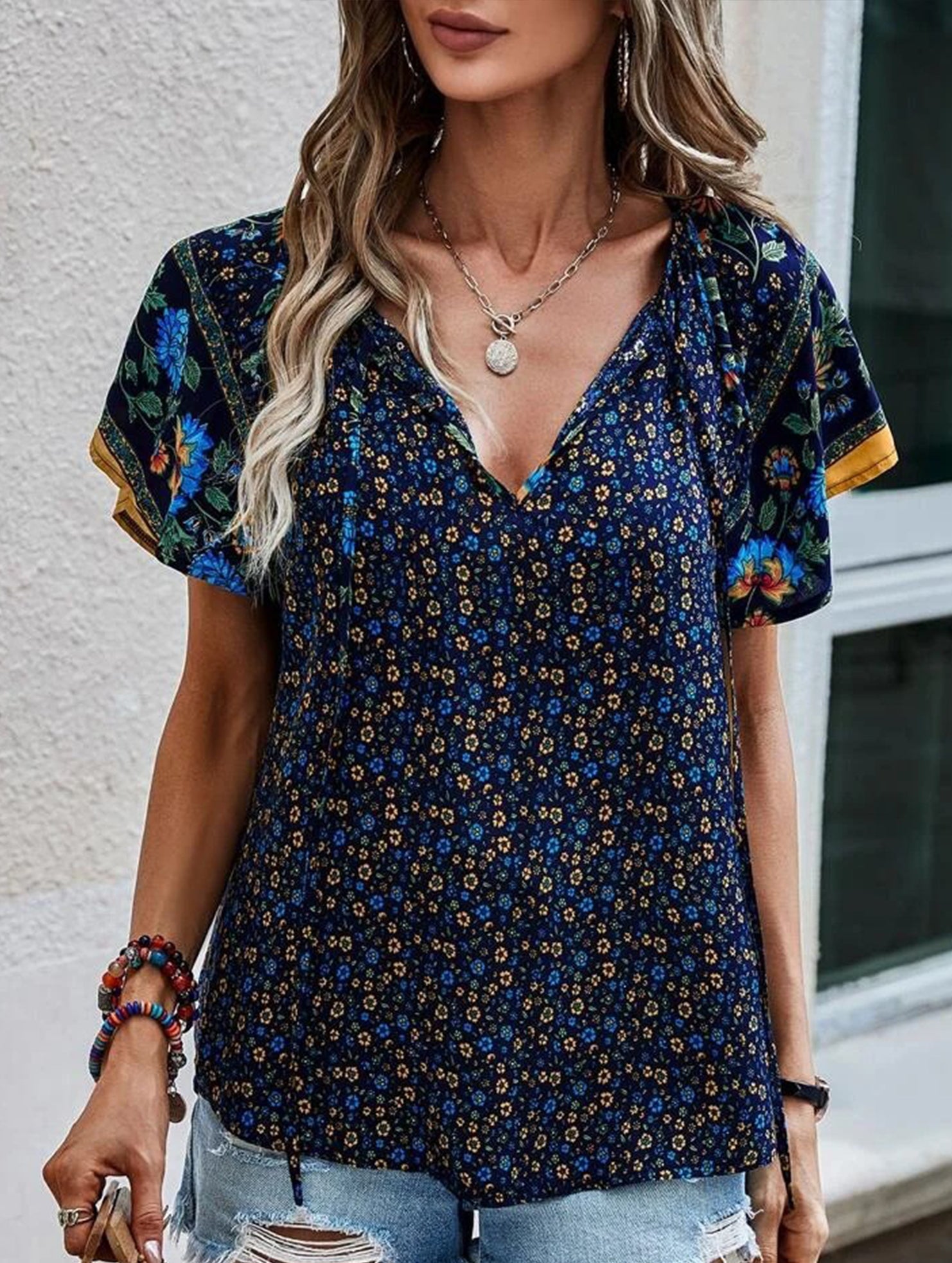 Casual Ethnic Style Printed V-Neck Short-Sleeve Loose shirt